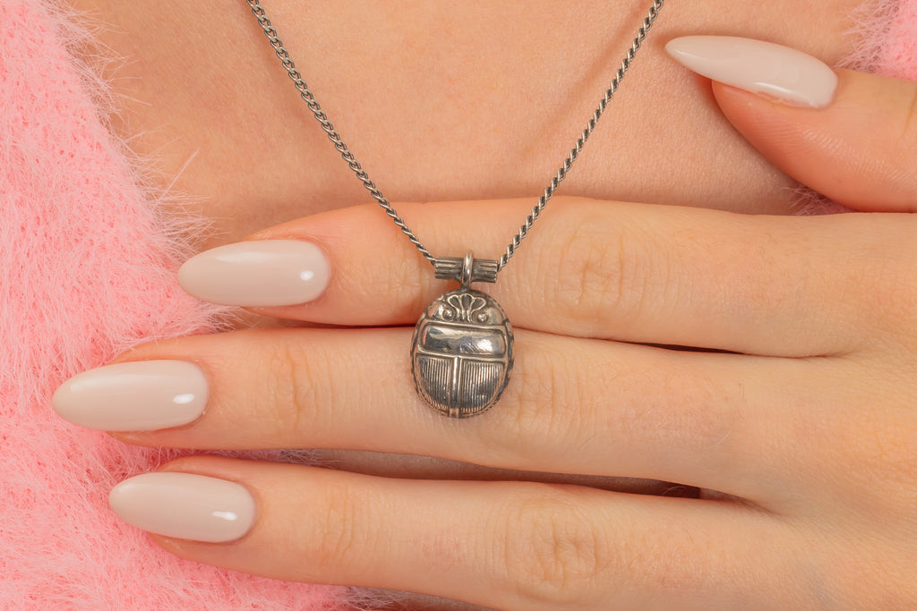 Antique Silver Scarab Beetle Pendant, with 18" Chain