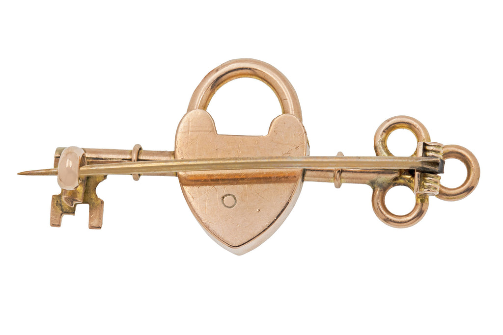 Victorian 9ct Gold Heart Padlock & Key Brooch