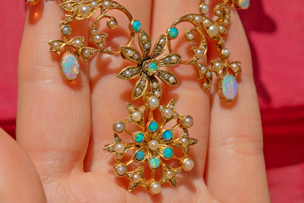 Belle Époque 18ct Gold Opal Pearl Flower Necklace, Detachable Pendant