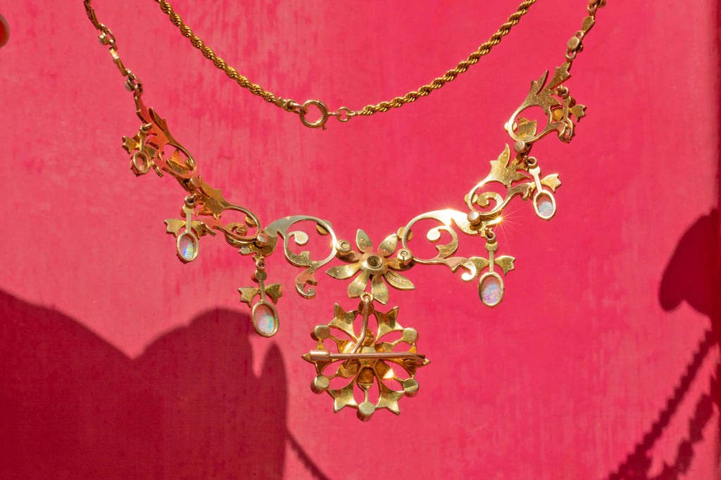 Belle Époque 18ct Gold Opal Pearl Flower Necklace, Detachable Pendant