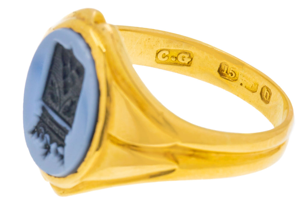 Antique 15ct Gold Agate Heraldic Intaglio Signet Ring