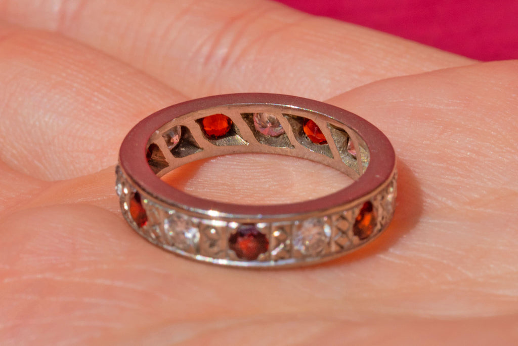 Art Deco 18ct Gold Garnet Diamond Eternity Ring, 0.42ct Diamonds