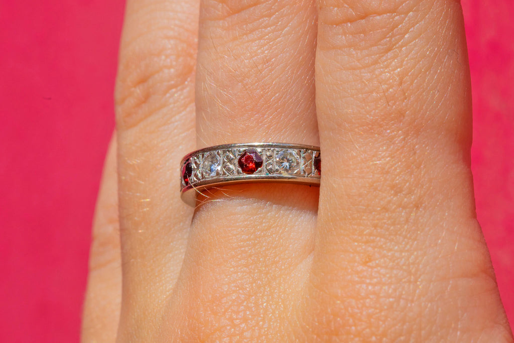 Art Deco 18ct Gold Garnet Diamond Eternity Ring, 0.42ct Diamonds