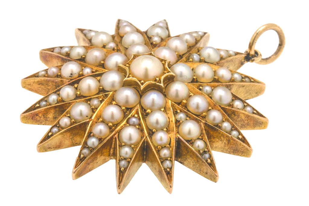 Antique 15ct Gold Pearl Starburst Pendant, Shaker Locket Back