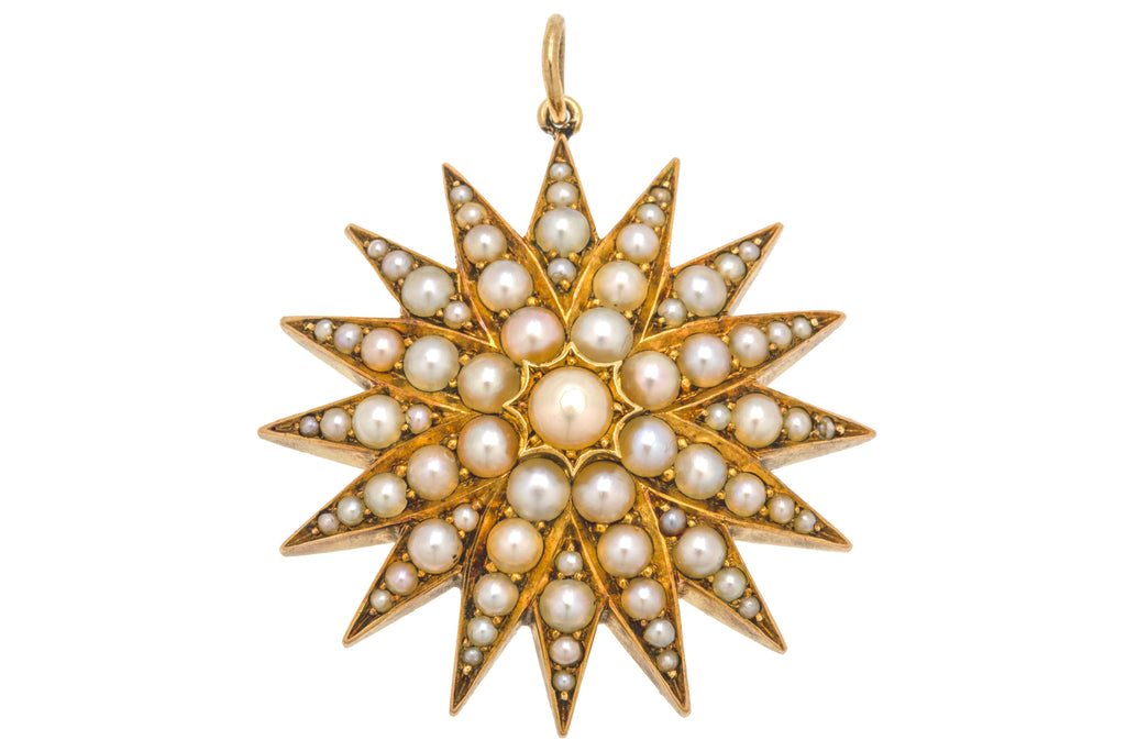 Antique 15ct Gold Pearl Starburst Pendant, Shaker Locket Back