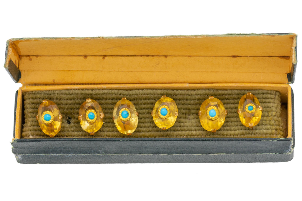 Victorian 18ct Gold Citrine & Turquoise Buttons, c.1840