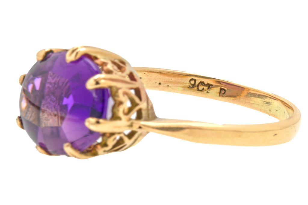 9ct Gold Amethyst Buff-Top Ring, Heart Settings