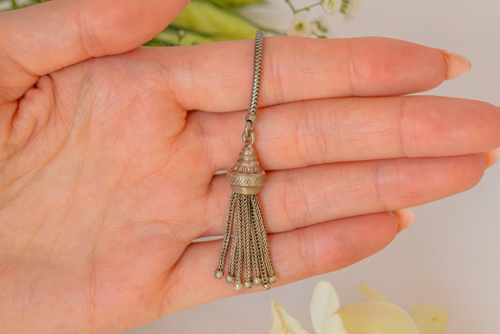 Victorian Silver Tassel Pendant, with Dog-Clip Charm Holder