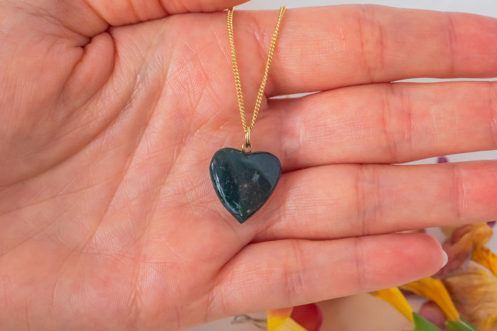 Antique Moss Agate Heart Pendant, with 16" 9ct Gold Chain