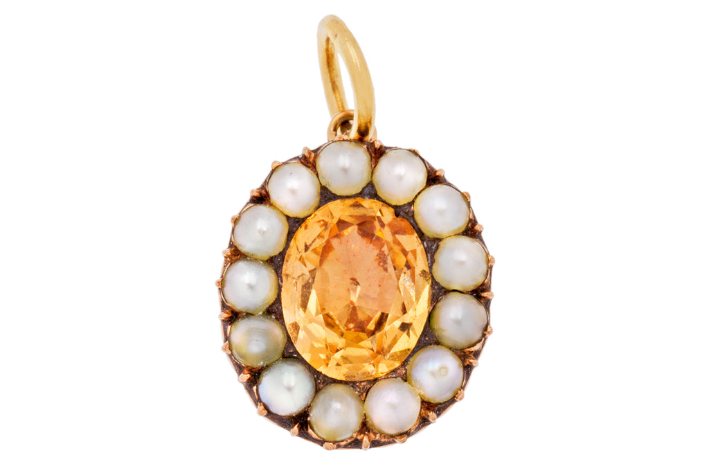 Georgian 9ct Gold Foiled Imperial Topaz Pearl Cluster Charm