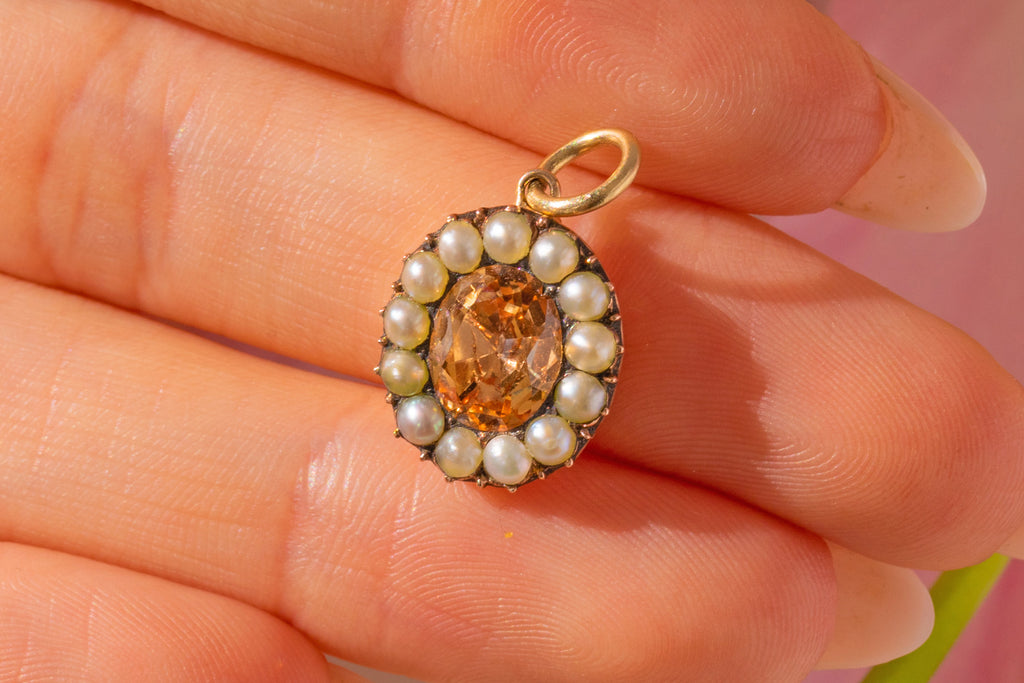 Georgian 9ct Gold Foiled Imperial Topaz Pearl Cluster Charm