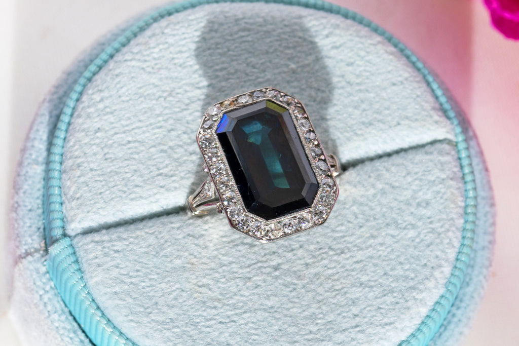 Art Deco Platinum Natural Sapphire Diamond Panel Ring, 6.60ct Sapphire