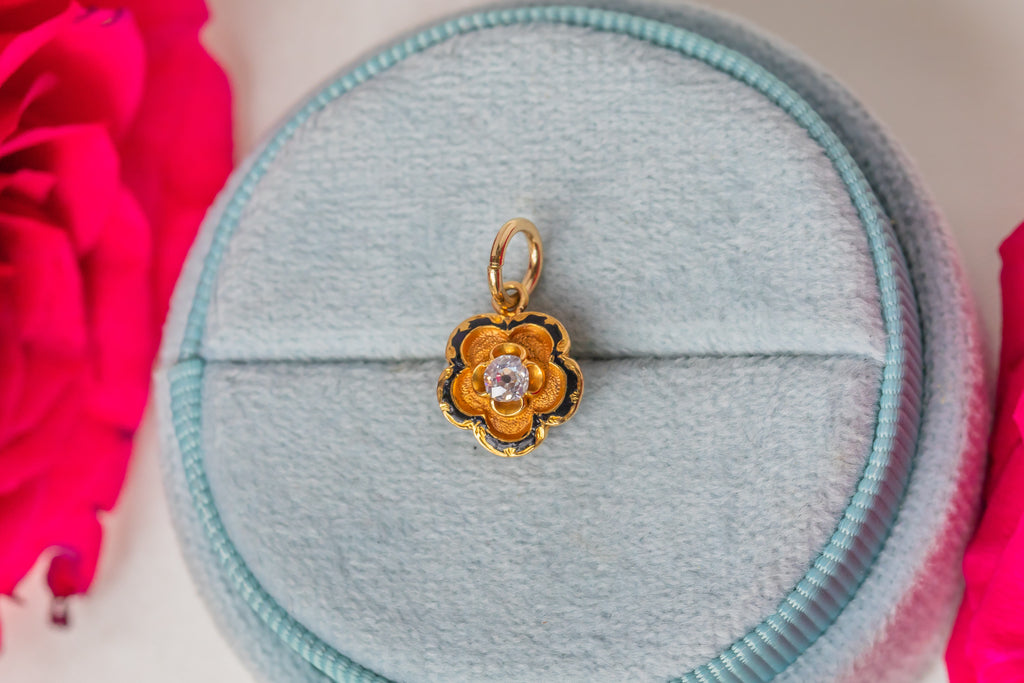Antique 9ct Gold Enamel Diamond Flower Charm
