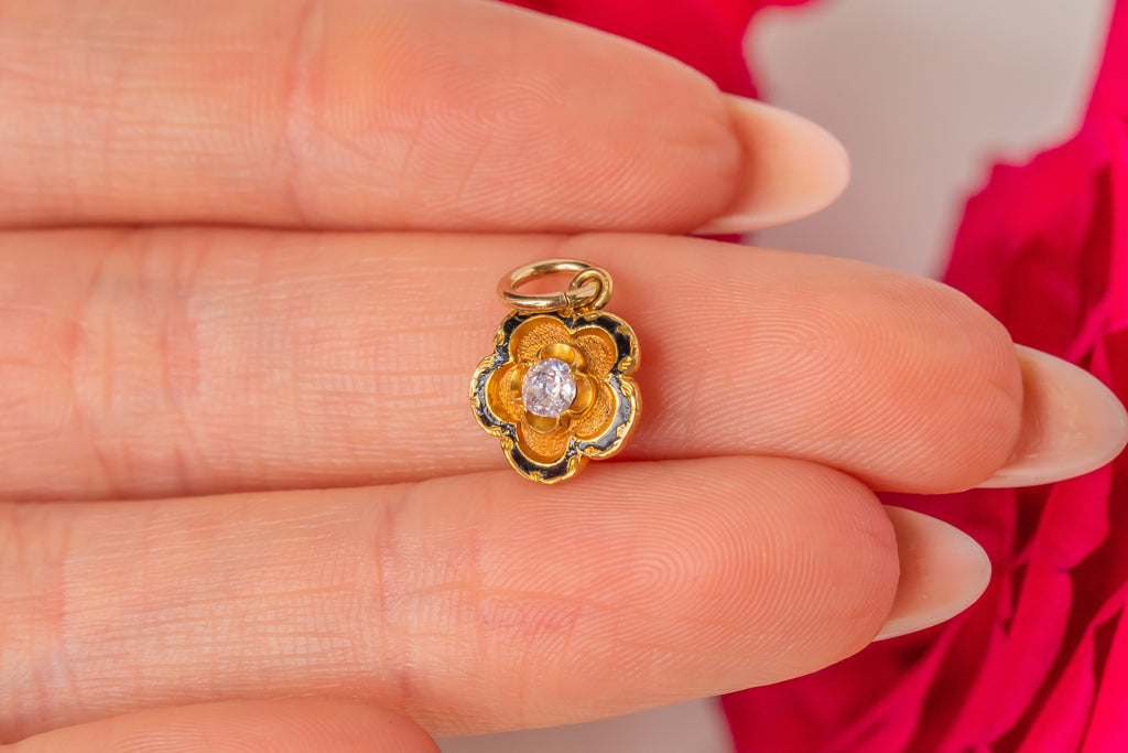 Antique 9ct Gold Enamel Diamond Flower Charm