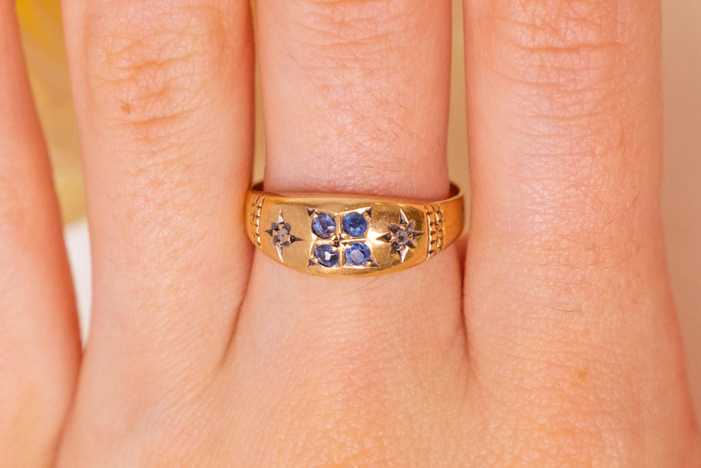 Edwardian 18ct Gold Sapphire Diamond Gypsy Ring, 0.65ct Sapphire