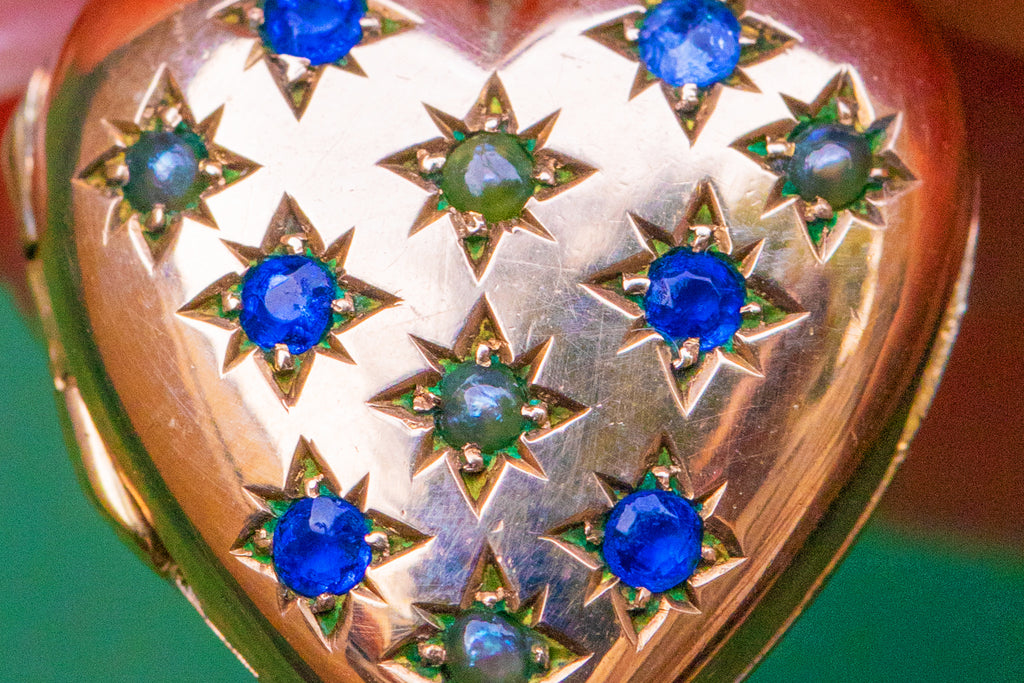 Antique 9ct Gold Sapphire Pearl Heart Locket