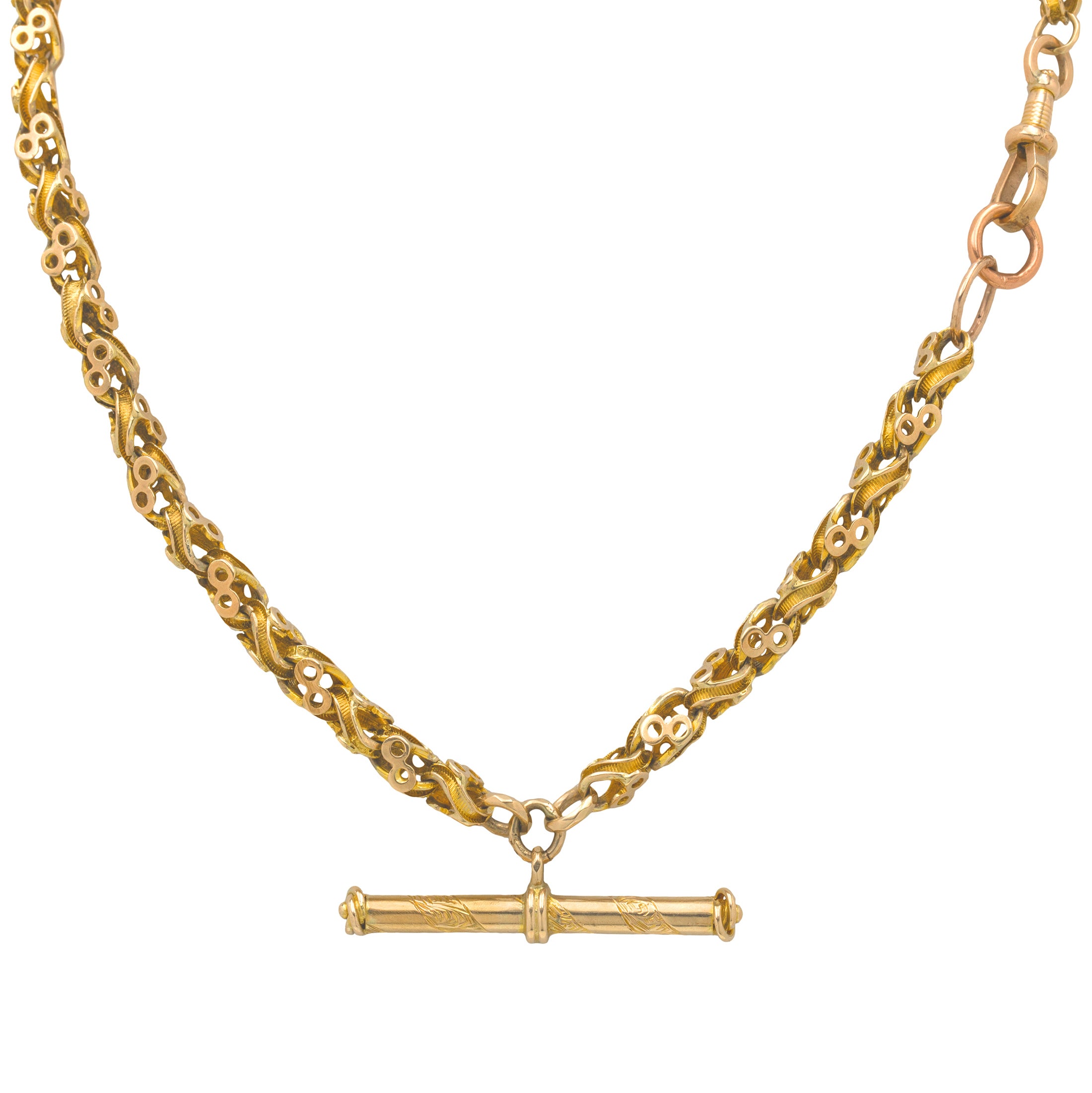 15" Antique 9ct Gold Fancy Pierced Albert Chain, Engraved TBar, 22g