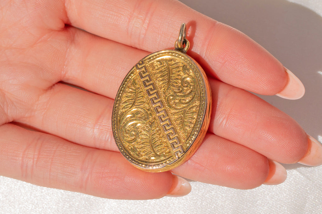 Antique 18ct Gold Engraved Locket, Greek Key Design