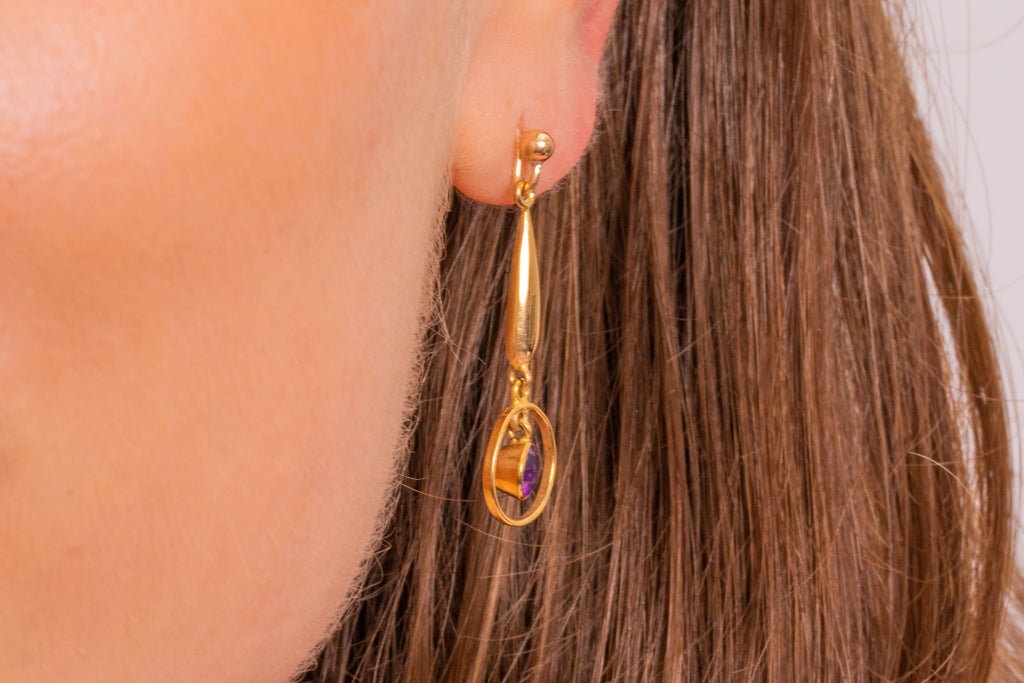 Antique 9ct Gold Amethyst Target Drop Earrings, 0.60ct