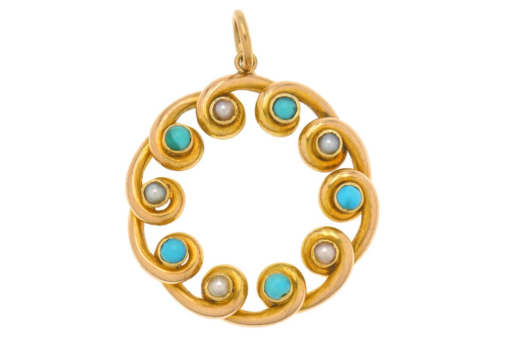 Edwardian 15ct Gold Turquoise Pearl Roundel Pendant