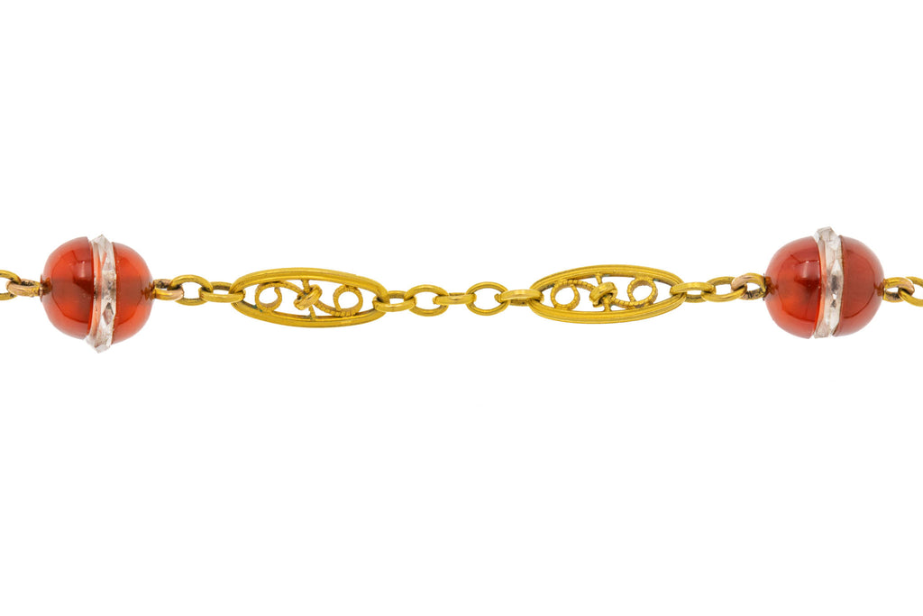 Art Deco 18ct Gold Carnelian Rock Crystal Bracelet, Antique Bolt-Ring