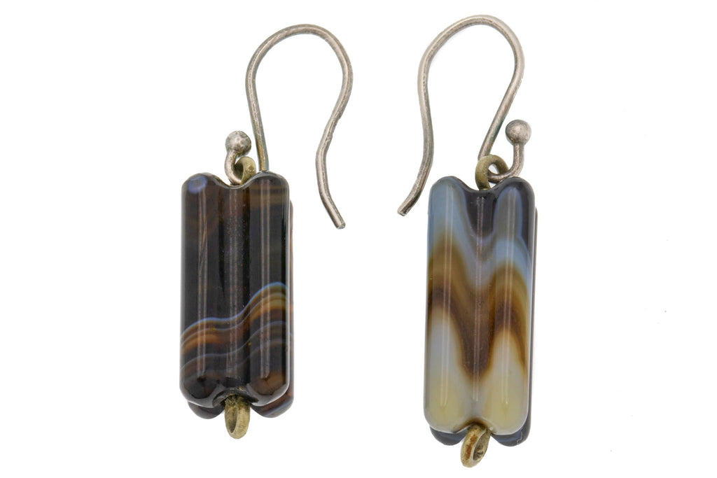 Antique Silver Carved Agate Earrings