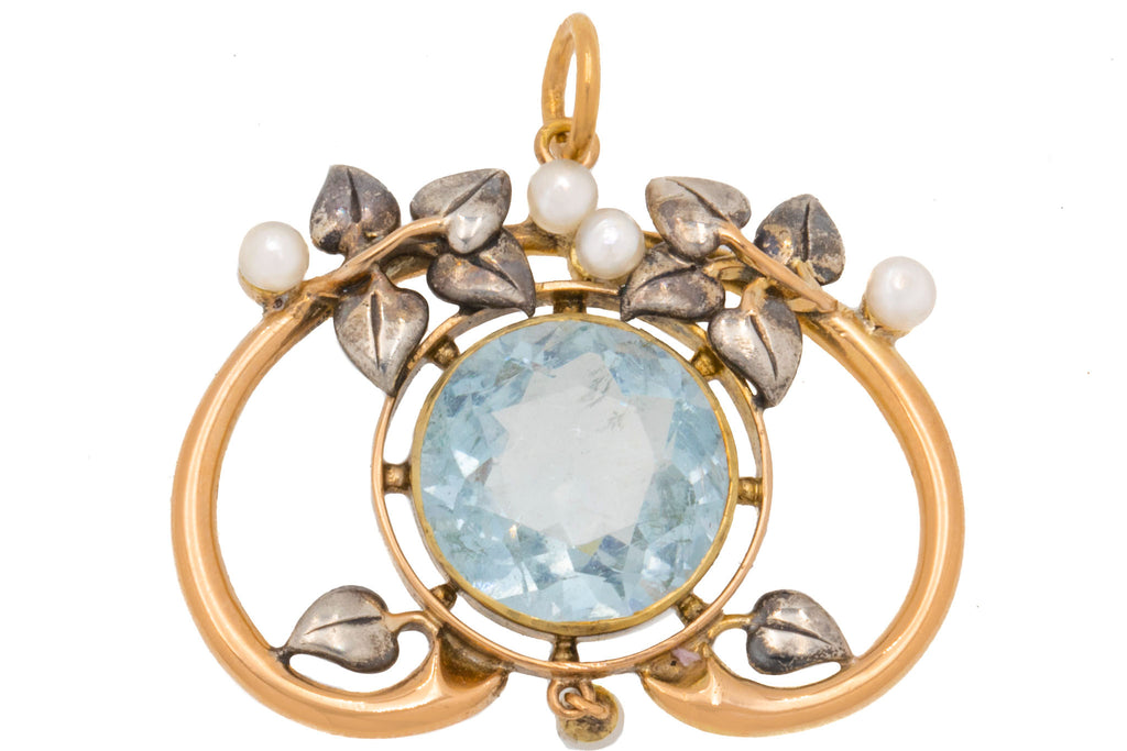 Art Nouveau 15ct Gold Aquamarine Pearl Pendant, 4.00ct