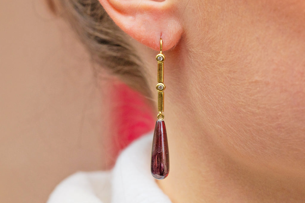 Antique 18ct Gold Garnet Diamond Drop Earrings