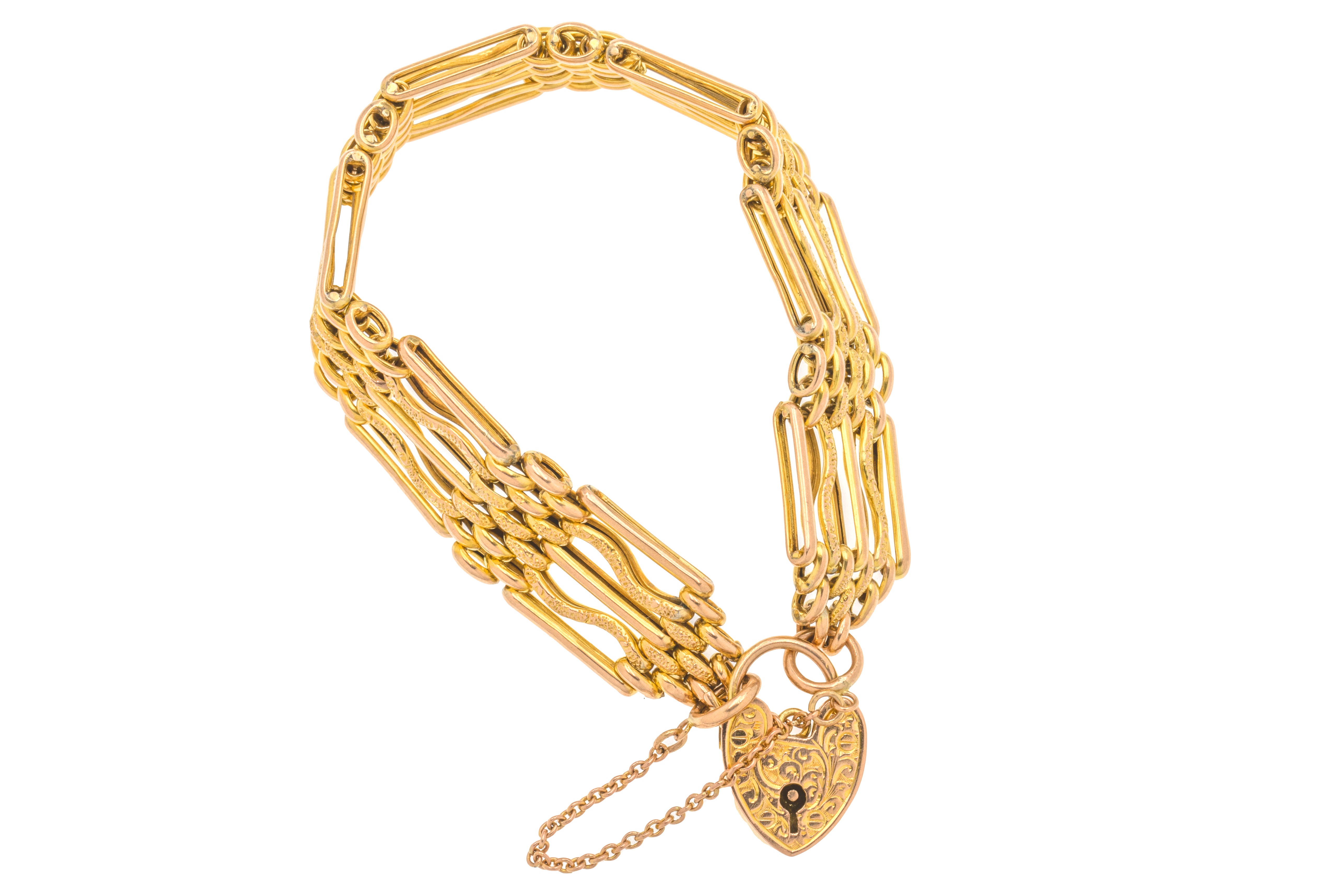 Gate Bracelets Antique 9ct Gold Gate Bracelet, Engraved Heart Padlock, 16.5g