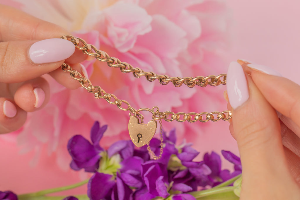 Antique 9ct Gold Rollerball Bracelet with Heart Padlock, 10.3g