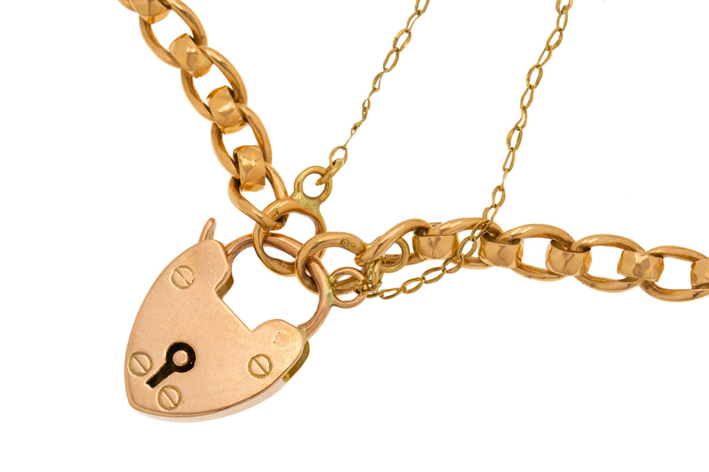 Antique 9ct Gold Rollerball Bracelet with Heart Padlock, 10.3g