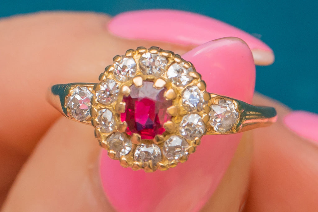 Antique 18ct Gold Ruby Diamond Cluster Ring, 0.42ct Diamond
