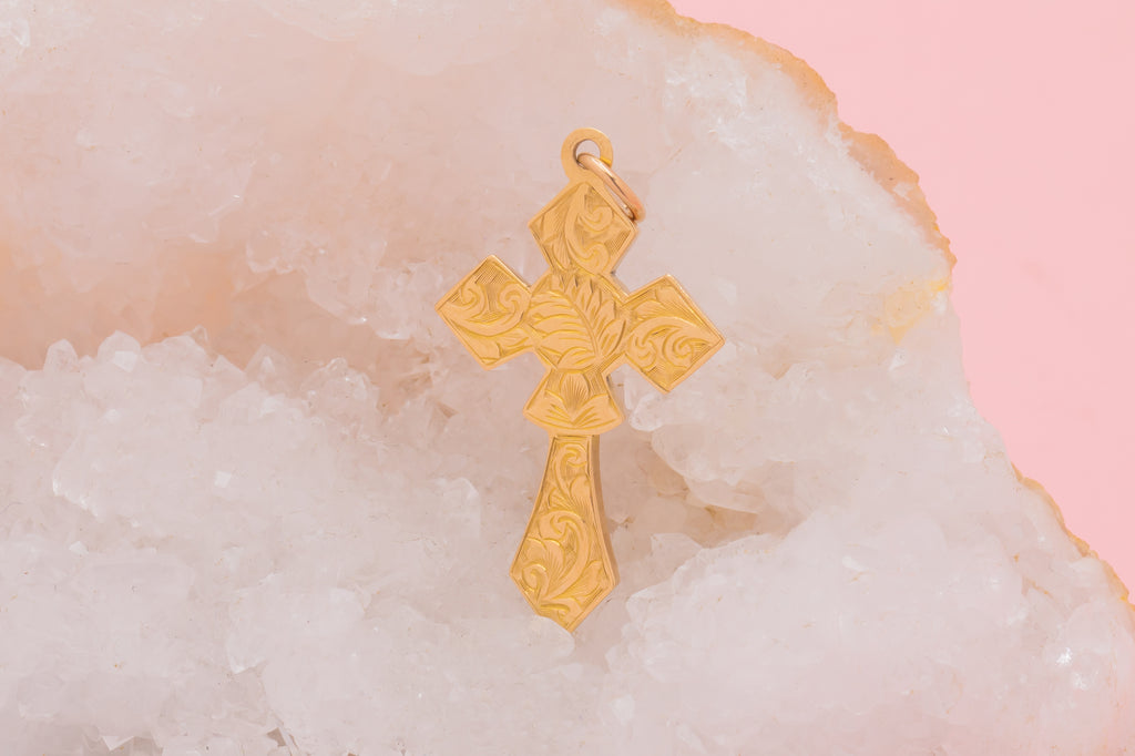 Antique 9ct Gold Engraved Cross Pendant