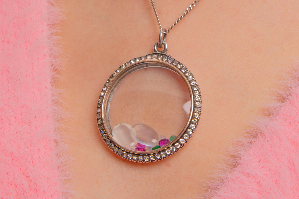 Large Edwardian Silver Paste Shaker Locket - Pink Sapphires, Moonstone, Diamonds, Chrysoprase, Labradorite