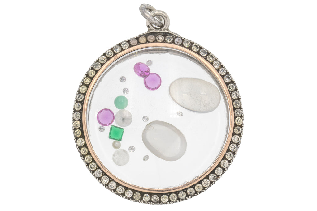 Large Edwardian Silver Paste Shaker Locket - Pink Sapphires, Moonstone, Diamonds, Chrysoprase, Labradorite