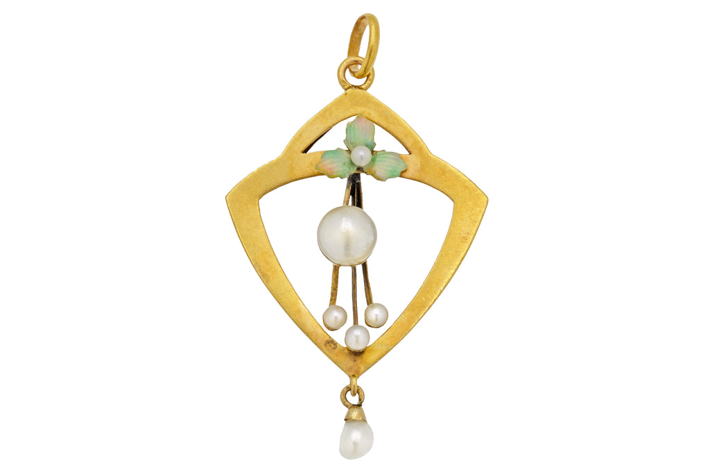 Art Nouveau 15ct Gold Enamel Pearl Pendant