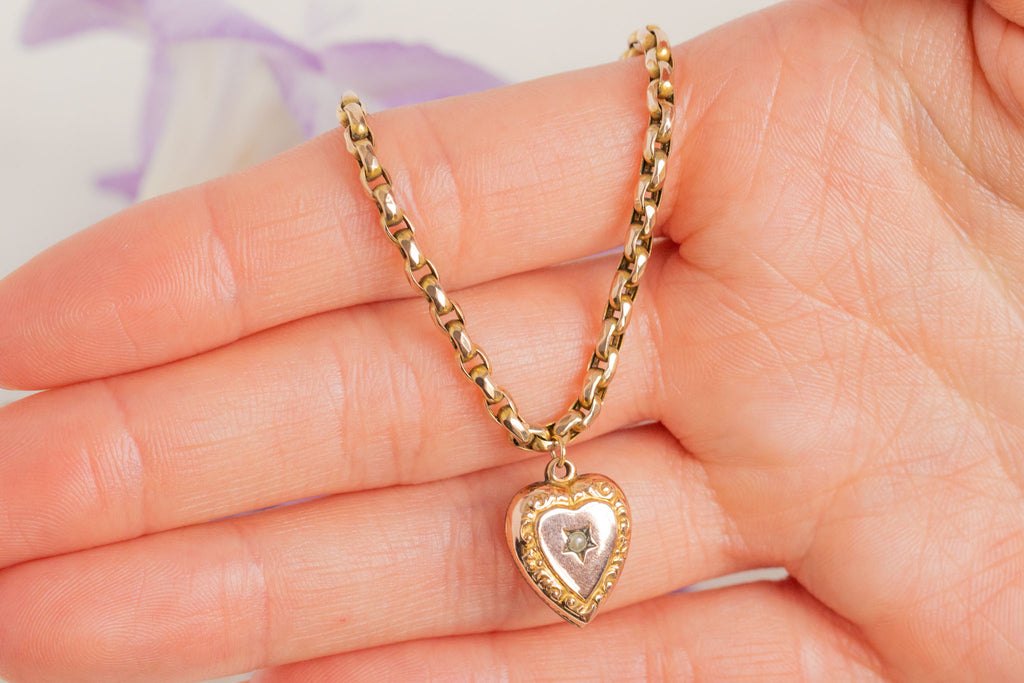 Antique 9ct Gold Belcher Chain Bracelet, Pearl Heart Charm