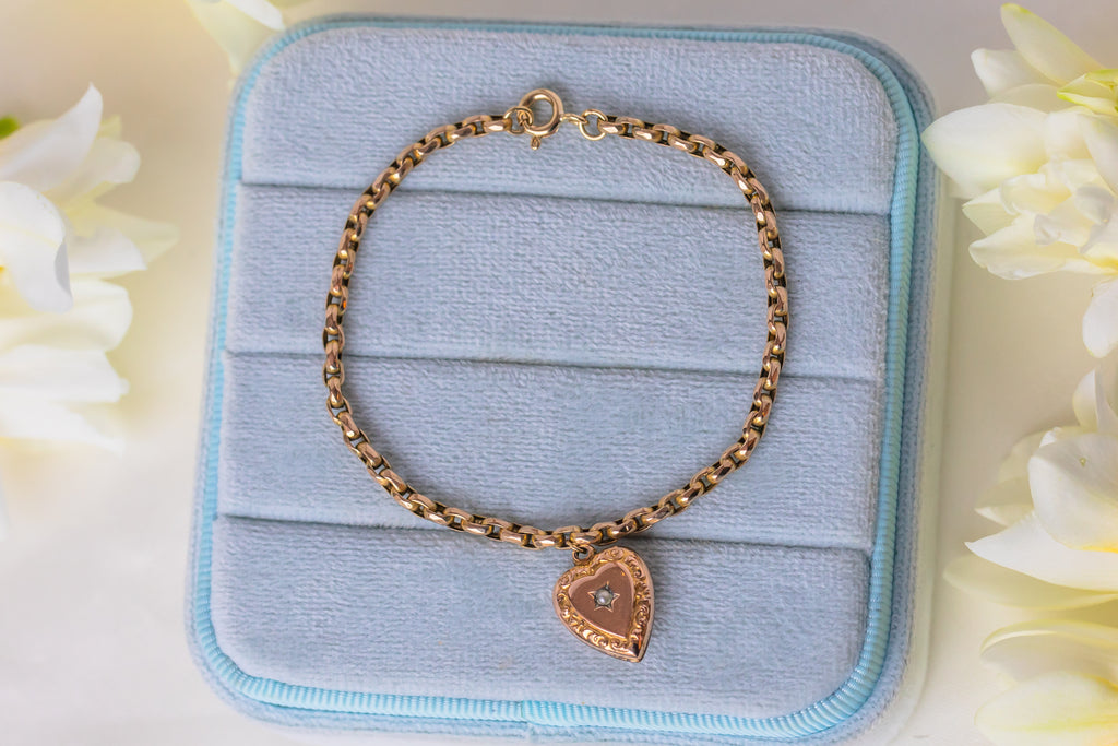 Antique 9ct Gold Belcher Chain Bracelet, Pearl Heart Charm