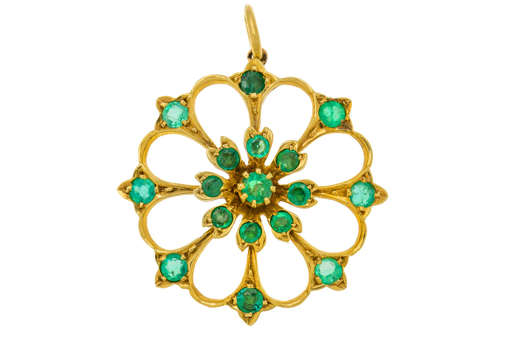 Antique 9ct Gold Emerald Flower Pendant