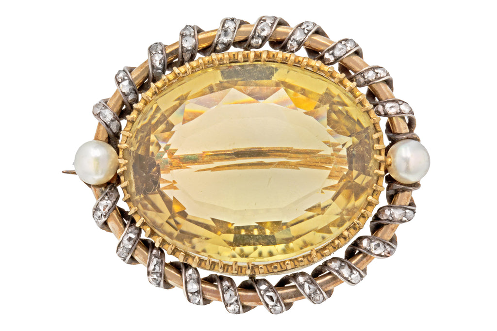 Antique 15ct Gold Citrine Diamond Pearl Brooch, 32.00ct