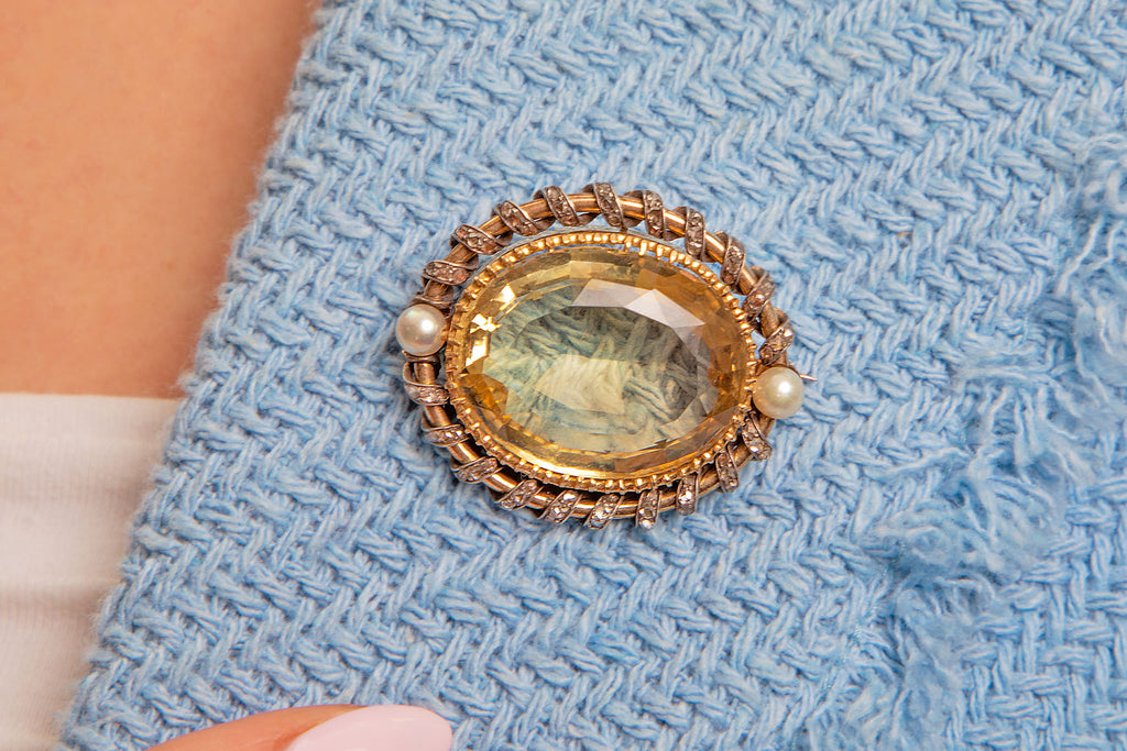Antique 15ct Gold Citrine Diamond Pearl Brooch, 32.00ct
