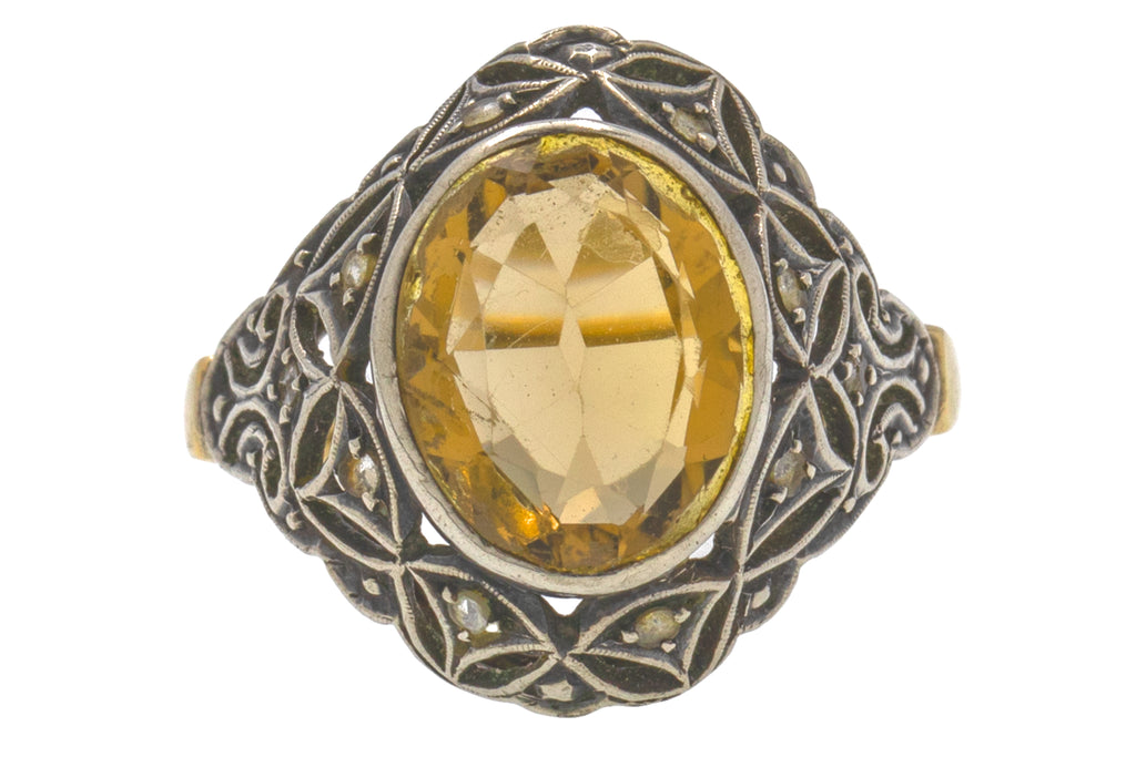 Art Deco 15ct Gold Citrine Diamond Ring, 1.30ct Citrine