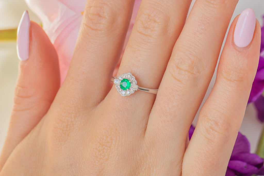 9ct White Gold Emerald Diamond Cluster Ring, 0.20ct Emerald