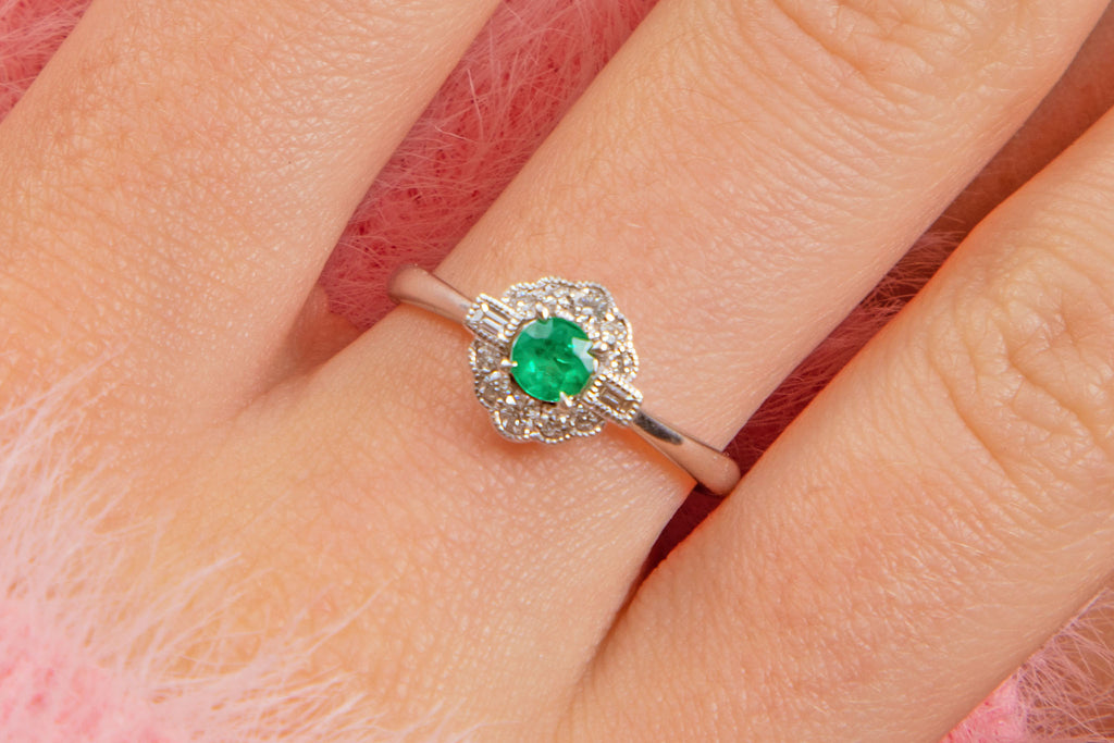9ct White Gold Emerald Diamond Cluster Ring, 0.20ct Emerald