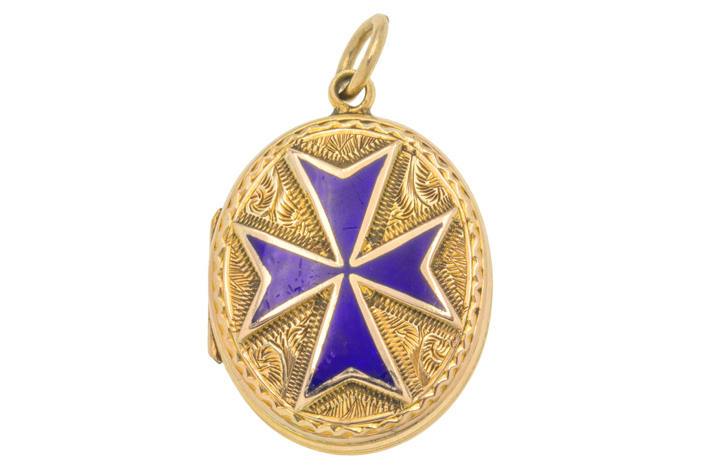 Antique Gold Maltese Cross Blue Enamel Locket