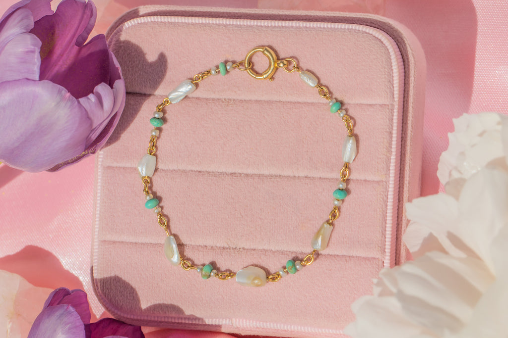 Antique 18ct Gold Pearl Turquoise Bracelet