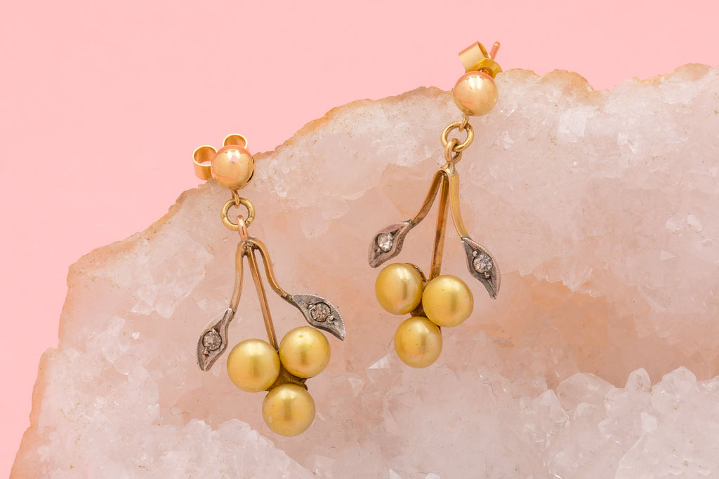 Antique Gold Pearl Diamond 'Grape' Drop Earrings