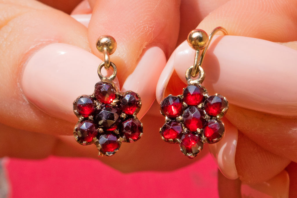 Antique Garnet Flower Earrings, 9ct Gold Hooks