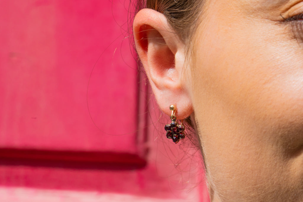 Antique Garnet Flower Earrings, 9ct Gold Hooks