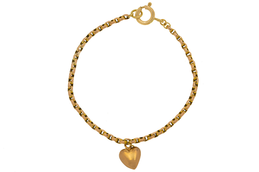 Antique 9ct Gold Belcher Bracelet with Heart Charm, 3g